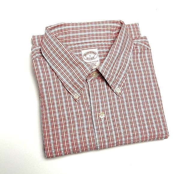Brooks Brothers Structured Cotton Shirt Button Up White Red Plaid Short Sleeve L - Picture 4 of 10